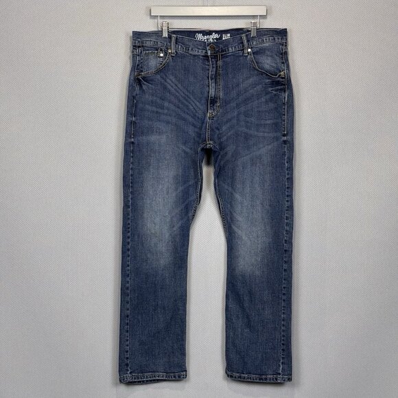 Wrangler Retro Jeans Mens 40x32 Blue Slim Boot Stretch Medium Wash Denim - Picture 1 of 11